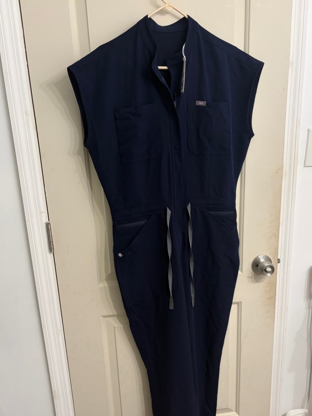 Figs Navy Sleeveless Utility Jumpsuit with Waist Tie